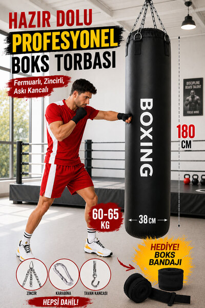 Spor Byfit Boxing 180 Cm Salonlara Özel Hazır Dolu Boks Torbası ve Zinciri - ...