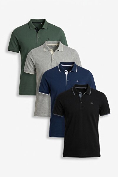 Buratti Pamuklu Regular Fit Şerit Detaylı Düğmeli Polo Yaka 4'lü Paket T Shir...