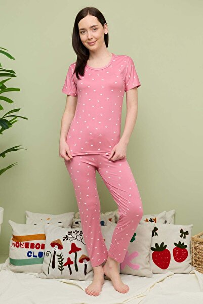 Fulla Moda Heart Patterned Crew Neck Short Sleeve Pajama Set