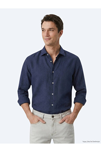 Kip Indigo Regular Fit Long Woven Casual Cotton Blend Shirt
