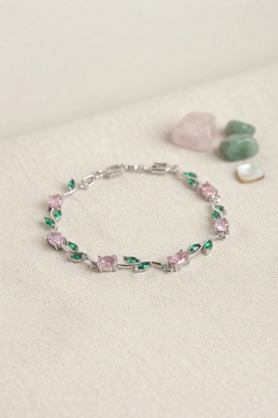 DMR Elegance Brass Silver Color Pink Zircon Stone Flower Model Women's Bracelet