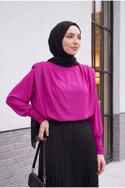Modamorfo Sleeve Drawstring Blouse with Padded Shoulders -Pink