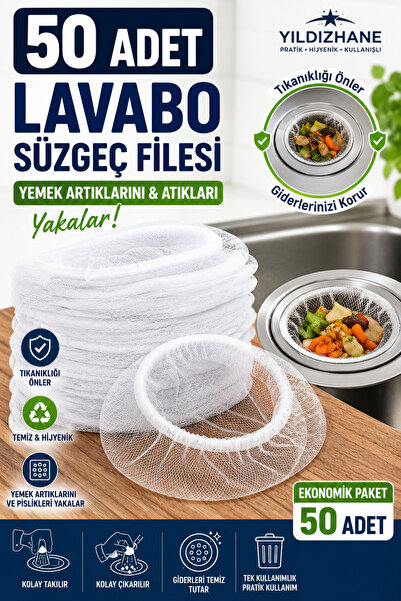 Yıldızhane 50 Adet Lavabo Süzgeç Filesi Esnek Gider Filtresi Yemek Artığı Tut...