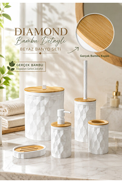 Store Hgy Home Real Bamboo Detailed Off-White Diamond 5-Piece Bathroom Set