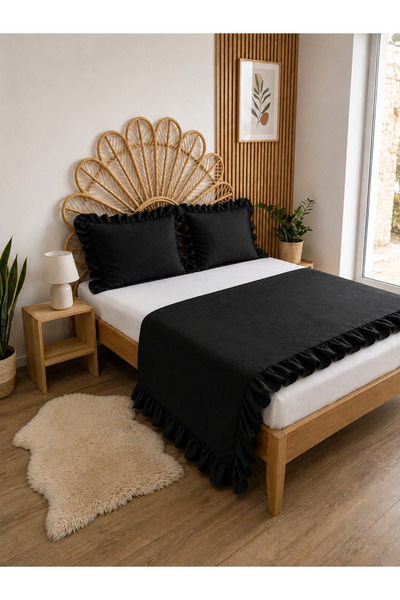 Decamor home Pearl Black Ruffle Bed Runner Pillowcase Set Bed Shawl Set Doubl...