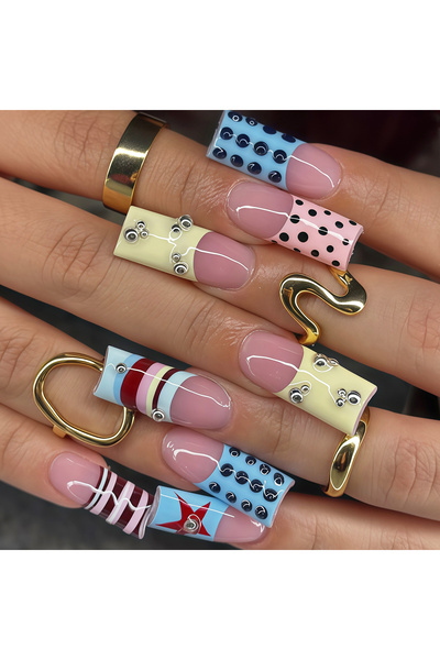 Choice7 Style 12 24Pcs Sweet Punk Vine Striped Pink Black French Polka Dot Pr...