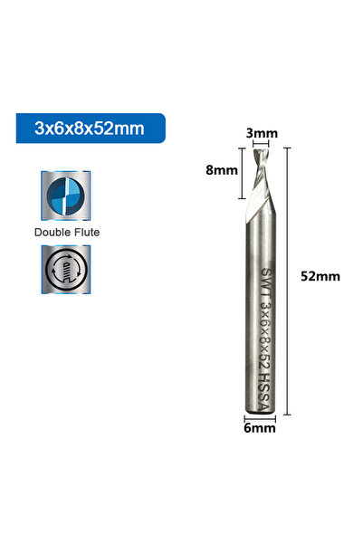 Choice10 3x6x8x52mm 1PC HSS 2 Flute End Mill 2mm-12mm Straight Shank Carbide ...