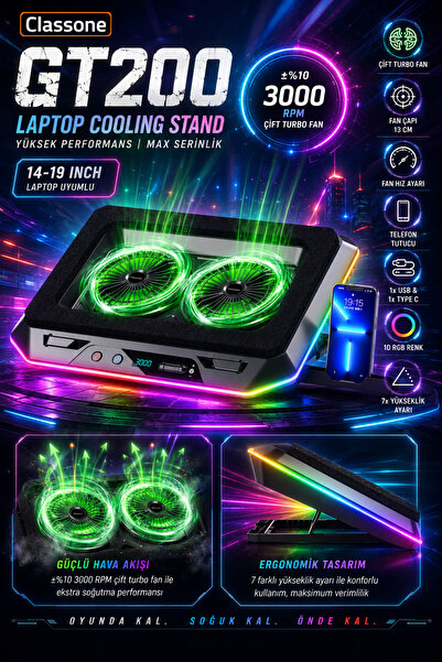 Classone Gaming Gt200 Laptop Soğutucu Notebook Stand,3000 Rpm, 10 Rgb Işık Ko...
