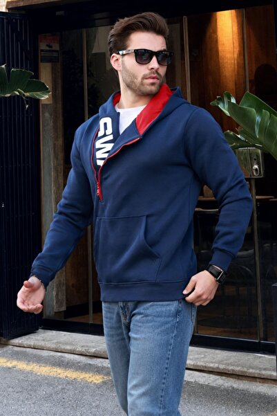 Madmext Navy Blue Zipper Detailed Hooded Sweatshirt 1767