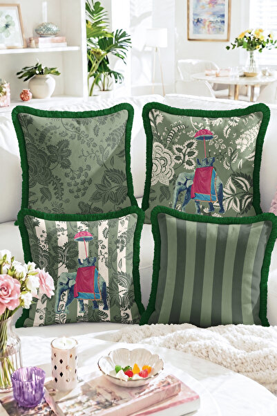 Realhomes Green 4-Piece Fringed Throw Pillow Cover Set with Elephant and Umbr...