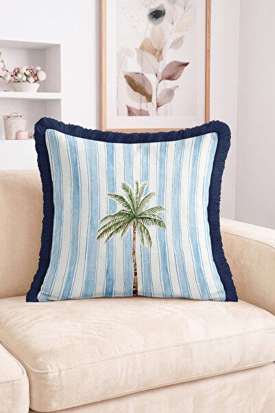 Realhomes Palm Tree Figured Striped Tropical Patterned Fringed Throw Pillow C...