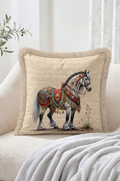 Realhomes Beige Floor Fringed Cushion Cover with Embroidered Horse Figure - V...