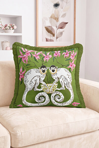 Realhomes Green Fringed Throw Pillow Cover with Double Spotted Monkey and Pin...