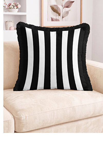Realhomes Black and White Vertical Stripes Modern Patterned Fringed Throw Pil...