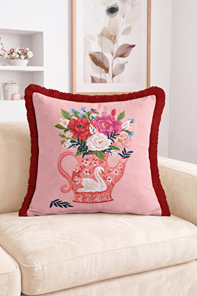Realhomes Floral Bouquet and Swan Figured Vase Patterned Fringed Throw Pillow...