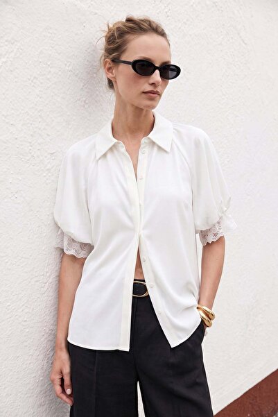 Sateen Short Sleeve Lace Detailed Shirt - Ecru