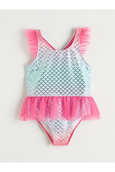 LC Waikiki Nevavm Patterned Tulle Ruffle Detailed Girls' Swimsuit
