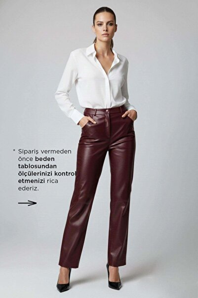 Deriderim Bordo Lora Yüksek Bel Düz Paça Kadın Hakiki Deri Pantolon