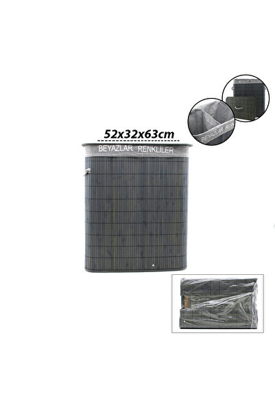 Go İthalat Bambu Kumaş Çantalı 2 Bölmeli Kulplu Gri Kirli Çamaşır Sepeti 52x3...