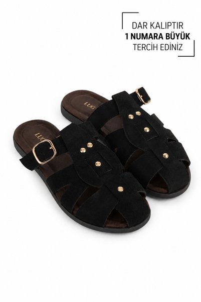 en7 Black Women's H Model Gold Buckle Slippers Suede Daily Flat Sole Summer Sandals Sl05