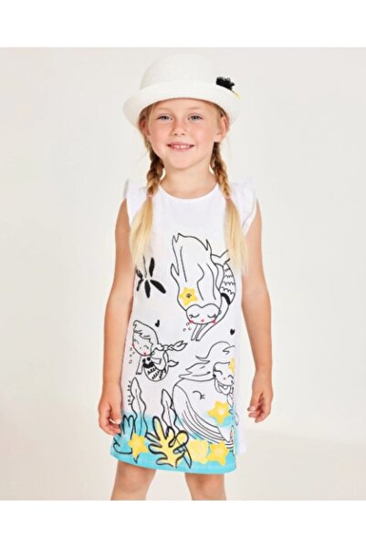 Tuc Tuc Girl's Sleeveless Mermaid Patterned Combed Cotton Dress 2-8 Years White