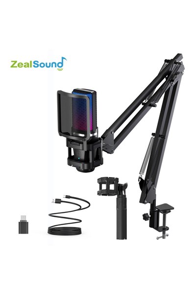 Choice ميكروفون تسجيل Zealsound RGB أسود اللون مع ذراع مفصلية/ميكروفون مكثف U...