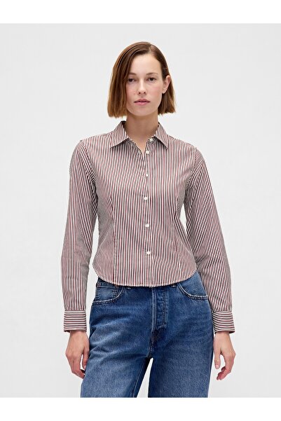 GAP Kadın Çizgili Organik Pamuk Fitted Crop Gömlek