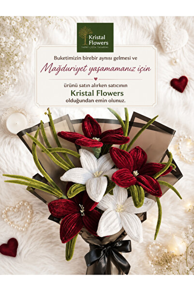 Kristal Flowers 5’li Bordo Beyaz Şönil Zambak Buketi