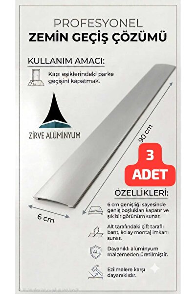Zirve Alüminyum Alüminyum 6 cm Kapı Eşik Profili 3 ADET 90 cm'ye Kadar Özel Ö...