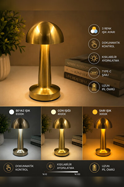 SerBugo BSL-009g Dekoratif Metal Gold Mantar Kablosuz Masa Lambası Ledli 5v 3...