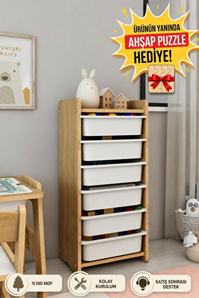 mobitoy Lino 6 Sepetli Çok Amaçlı Oyuncak ve Düzenleme Dolabı Safir Meşe MDF