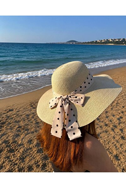 Moda Accessories Wide Brim Summer Straw Hat with Polka Dot Ribbon Detail