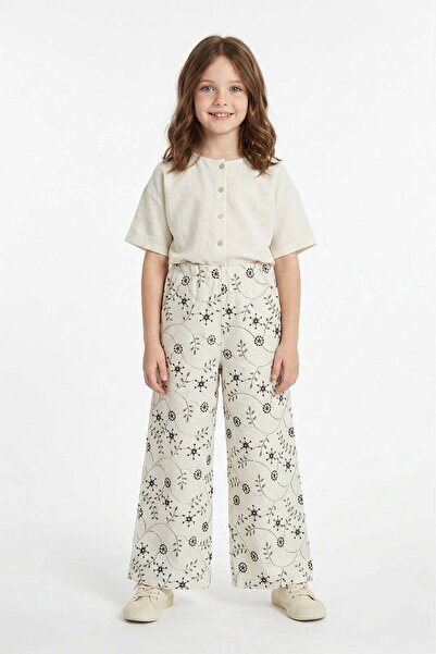 Fulla Moda Floral Embroidered Linen Look Girls' Trousers