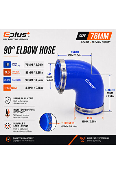 Choice4 76MM EPLUS Blue Silicone Tubing 90 Degrees Hose Coupler Universal Car...