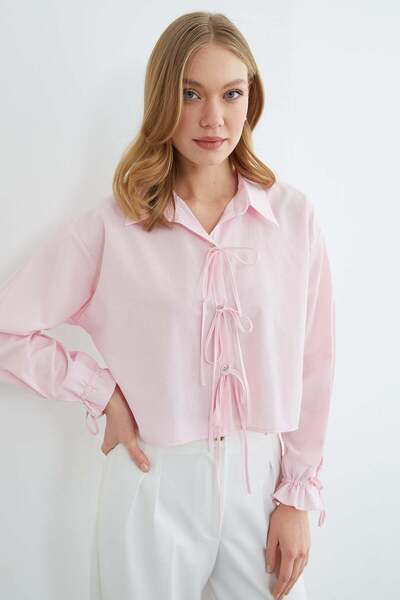 Fulla Moda Buttoned Crop Shirt with Tie Front