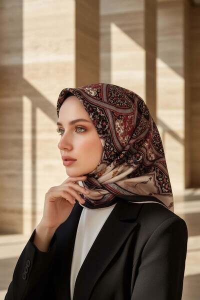 Vissona %100 Twill İpek Şal Desenli Siyah - Bordo Renkli 90x90 Eşarp Dikim Şe...