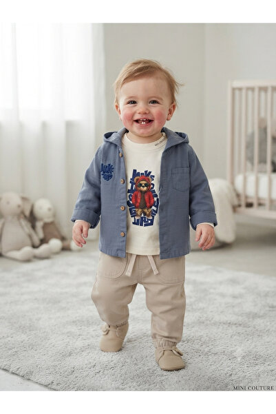 Efemkids Embroidered Muslin Gabardine Baby Boy Set 3-Piece Baby Boy Set 6-9 M...
