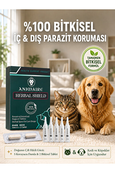 Animaire Herbal Shield Kedi Ve Köpek İç Dış Parazit Koruyucu Set - 5 Adet Bitkisel Damla + 2 Adet Tablet