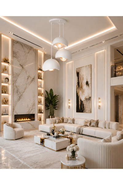 Ferisa Home Beyaz Beton Ampül Hediye Pinterest 3'Lü Sarkıt Avize Bohem Modern...