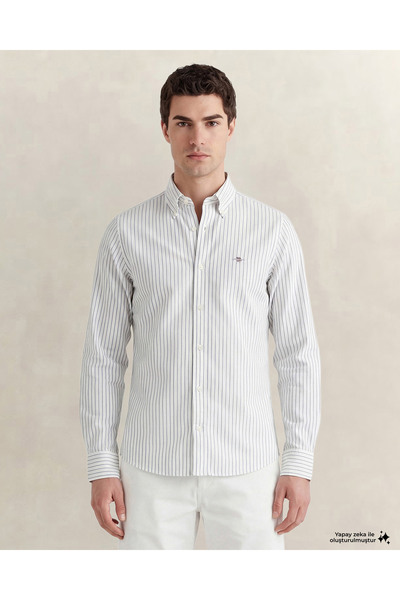 Gant Erkek Beyaz Slim Fit Çizgili Logolu Gömlek