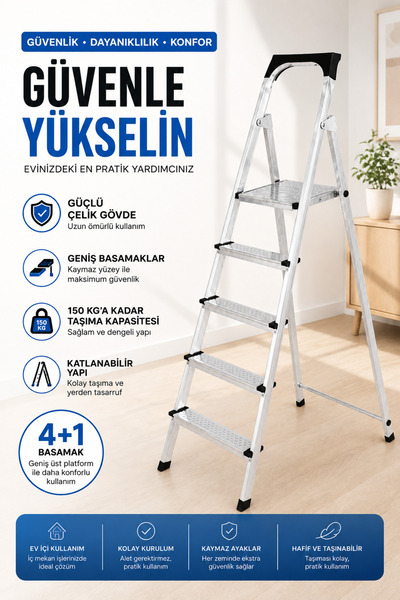 homeliva Seçkin 4+1 Basamaklı Ekstra Kalın Metal Merdiven Sağlam Estetik Ev T...
