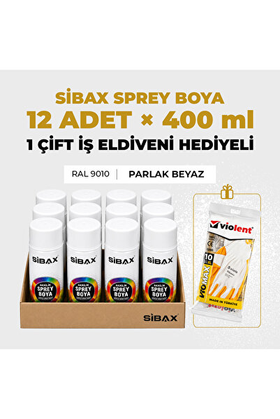 Sibax Akrilik Sprey Boya Parlak Beyaz RAL 9010 400 ml 12 Adet – İş Eldiveni H...