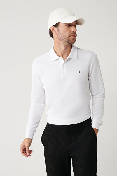Avva Men's White Polo Neck Cotton Basic Slim Fit Sweatshirt B001080