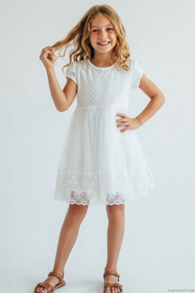 Breeze Girl's Dress with Tulle Skirt and Floral Embroidery, Ages 4-9, Ecru