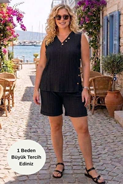 tarzımsüper Women's Plus Size Side Buttoned Strap Blouse Shorts Casual Summer...