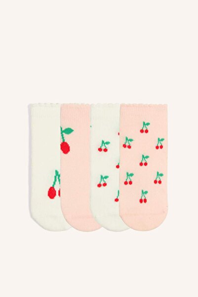 DeFacto Fruit Printed Seamless 4-Piece Cotton Booties Light Pink Socks Baby G...