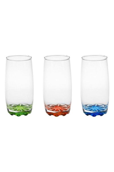 BAMI NETWORK Set 3 pahare inalte sticla transparenta baza colorata 369ml