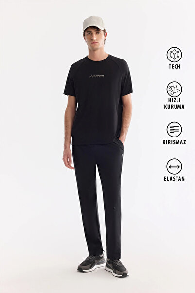 Avva Men's Black Elastic Waist Lace-Up Quick-Drying Anti-Wrinkle Technical Fa...