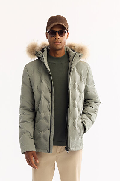 Avva Men's Nile Green Detachable Hooded Fur Jacket 100% Goose down Water Repe...