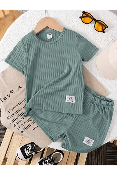 Bubito Arma Detailed Round Neck Cotton Summer Shorts Set-Green